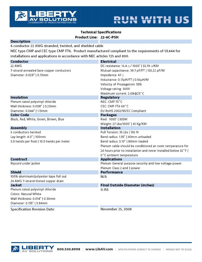 Liberty AV 22/6C Shielded Plenum Security/Control Cable CMP White /50ft