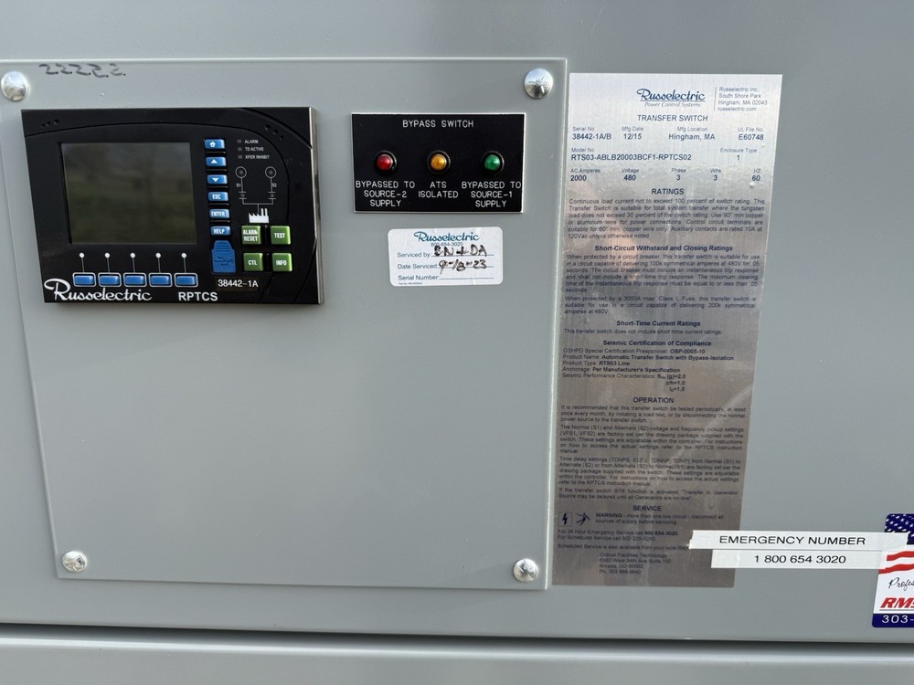 RUSS 2000Amp ATS Automatic Transfer Switch 2000 Amp 480V 277V 3 Phase 4 W