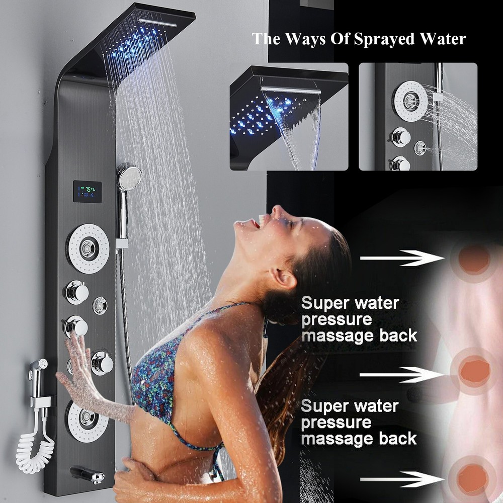 Stainless Steel Shower Panel Tower System LED Rainfall&Waterfall Massage Body