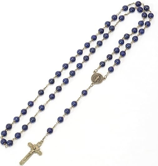 Natural Lapis Lazuli Stone Rosary Beads Necklace St. Benedict Cross and Medal