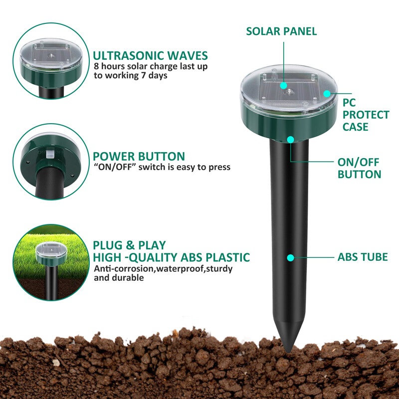 Solar Ultrasonic Animal Repeller Outdoor Mole Gopher Pest Control Spike W/ Light