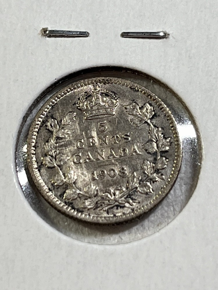 1908 Canada 5 Cents Small Silver Coin Cleaned