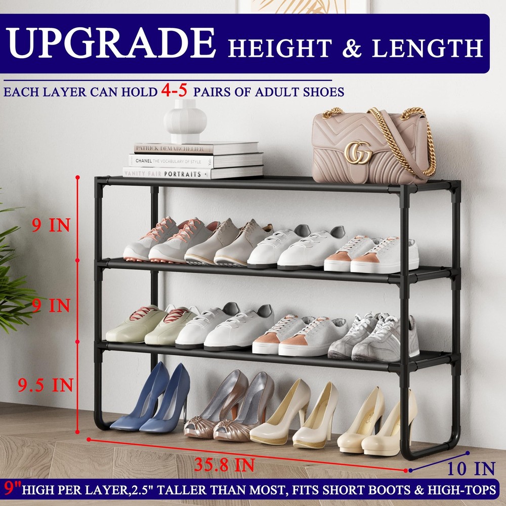 COAPUKT Long Shoe Rack, 3-Tier Stackable Organizer for 3-Black, Black