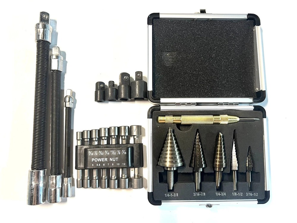 Step Drill Set Socket Adapters Flex Extension Nut Driver Garage Essential Bundle