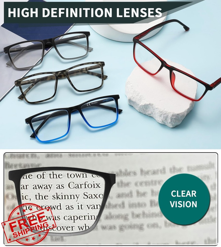 READITEASY Reading Glasses 4pk Men Blue Light Blocking Square 3.5