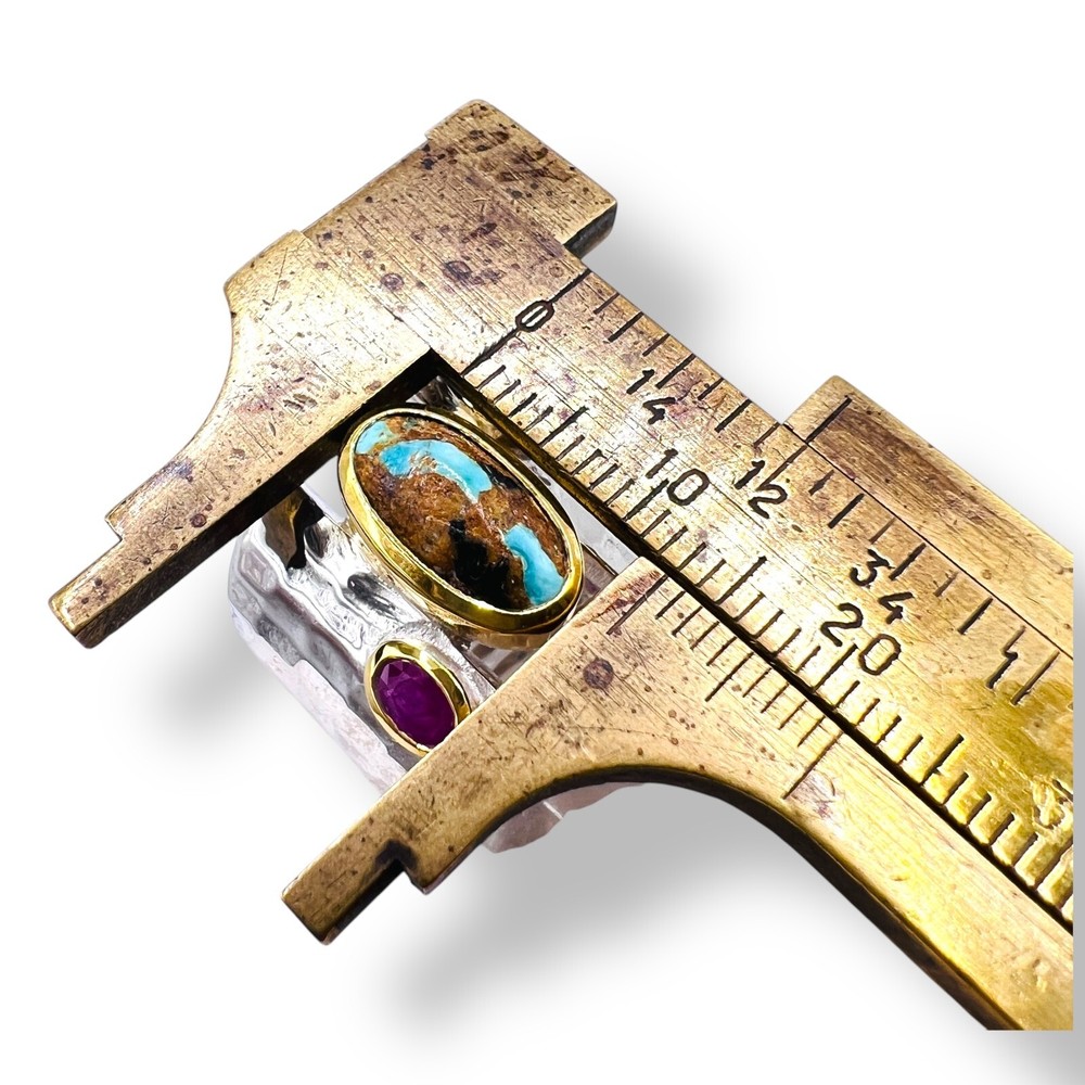 Two Tone Sterling Silver Blue Turquoise Emerald Ruby Ring Handmade -6500