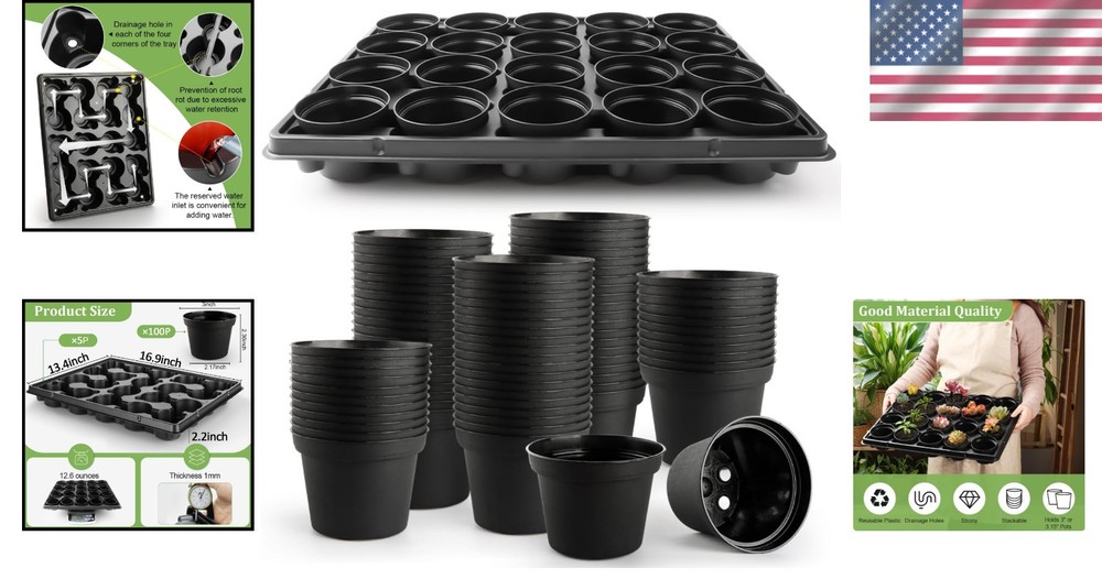 Durable 3" Plastic Plant Pots 100 Pcs + 5 Seed Starter Trays