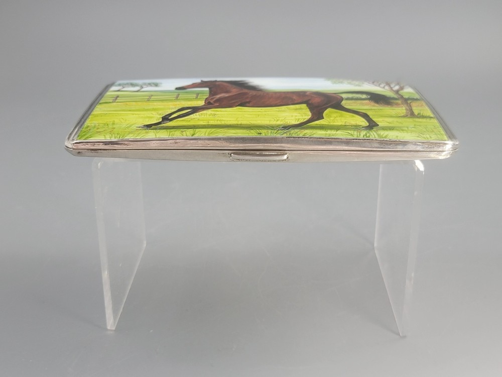 1917 Birmingham Sterling Silver Cigarette Case Enamel Horse Panel