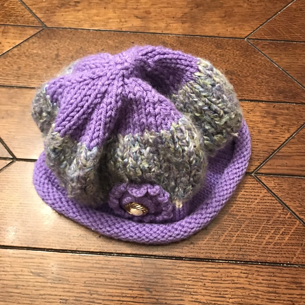 Knit Hat: purple & light green, hand-made