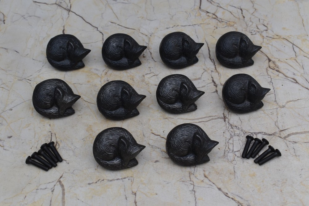 Vintage Cast Iron Sleeping Fox Pull Drawer Cabinet Knobs Handle Knobs 10 pcs
