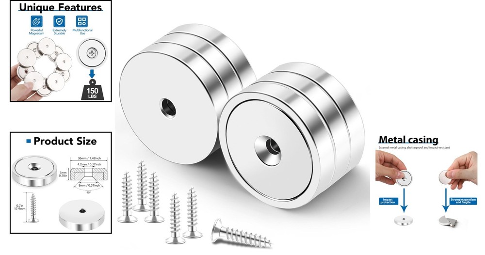6-Pack Round Waterproof Neodymium Magnets with 150lb Pull Force – Versatile Use
