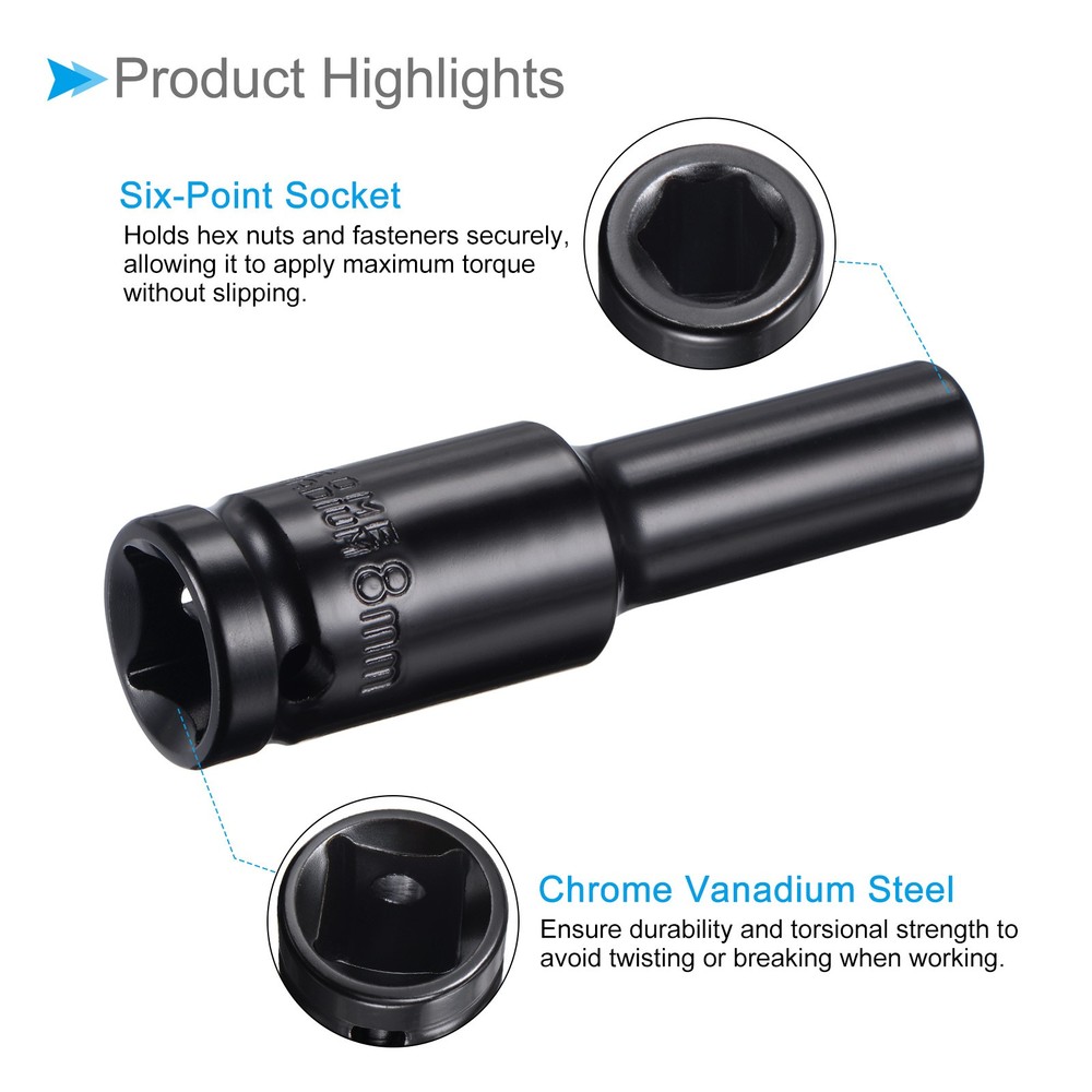 Deep Socket Set 8mm 1/2" Drive 6-Point Socket CR-V with 1/4" Hex Shaft