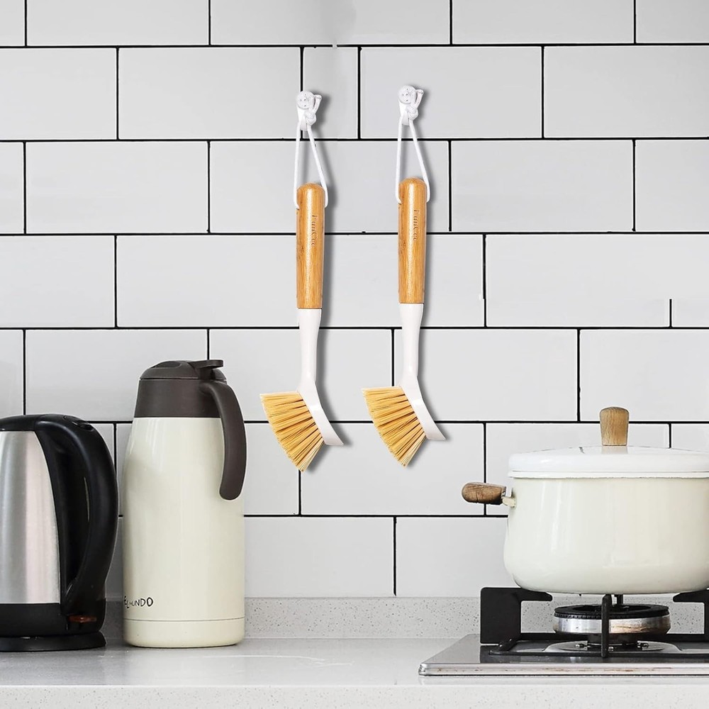 2 Pack Kitchen Dish Brushes with Bamboo Handle, Dish Scrubber Built-in Scraper