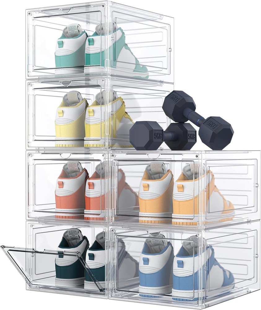 Clear Plastic Stackable Shoe Boxes with Lids 6 Pack Organizer Storage for Size