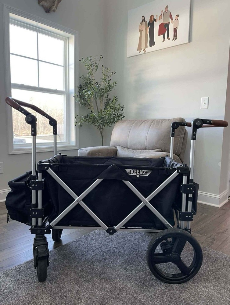Keenz Pull-Along Wagon Stroller Black Double Seating Canopy Storage Rubber Tires