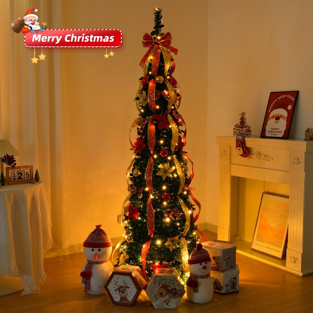 6FT Fully Decorated Pre-lit Christmas Tree, Pop Up Artificial Xmas Trees w Light