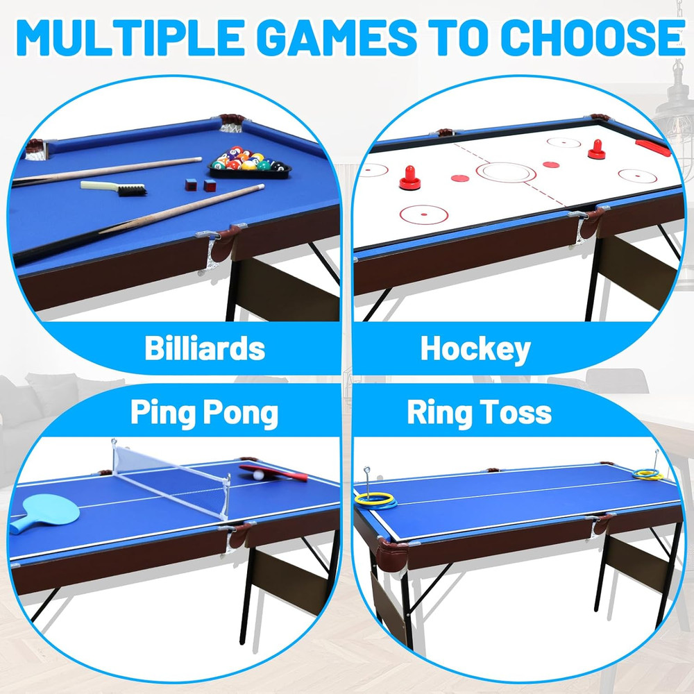 54" Folding Pool Table, 4 in 1 Multi Game Table, Folding Portable Billiards Game