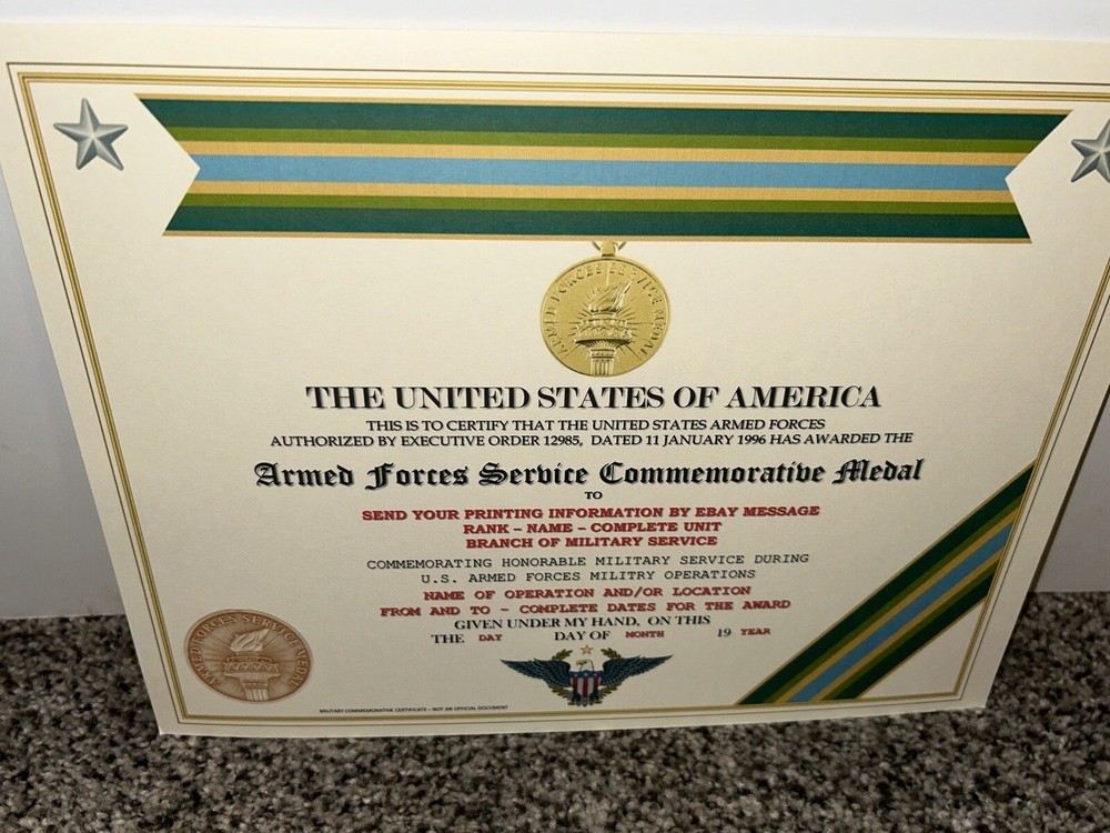 ARMED FORCES SERVICE MEDAL COMMEMORATIVE CERTIFICATE ~ W/PRINTING TYPE-1