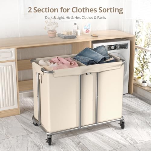230L Rolling Laundry Hamper, 2-Section Laundry Basket with Wheels, 61 Gallons