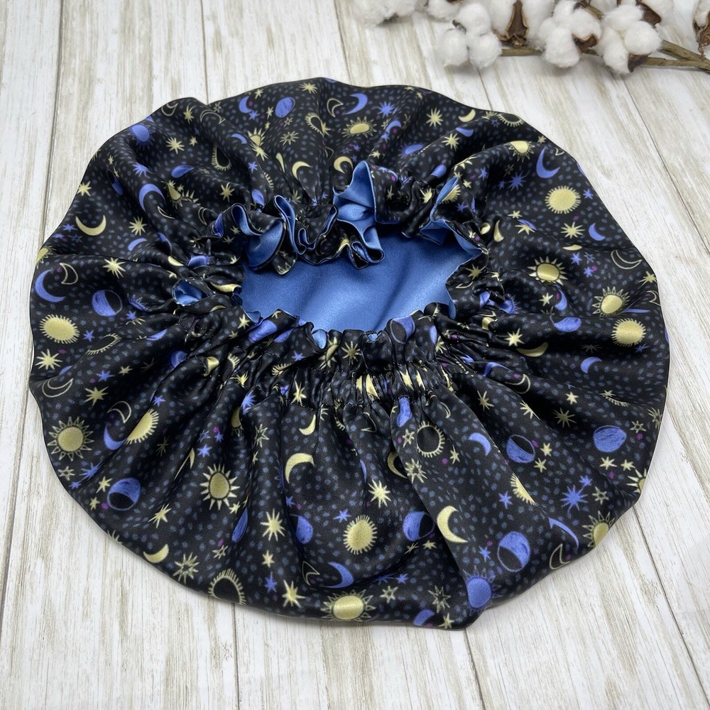 Reversible 100% pure silk bonnet Sun and moon print double layer sleeping cap