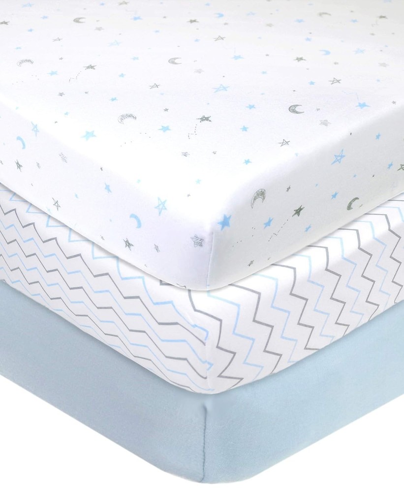 Soft Cotton Crib Sheets 3-Pack - Blue Star/Zigzag