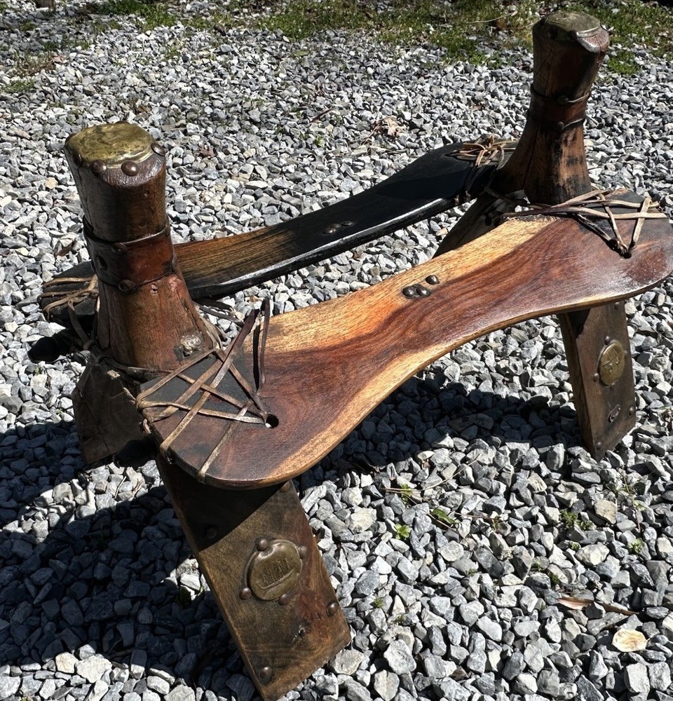 Antique Camel Saddle Stool Bench Middle Eastern Wood Brass Leather