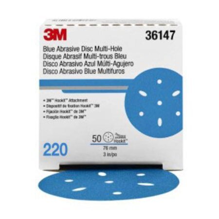 3M 36147 Hookit Blue Sandpaper 3" Disc - 220 Grade Multi-Hole, 50/Bx