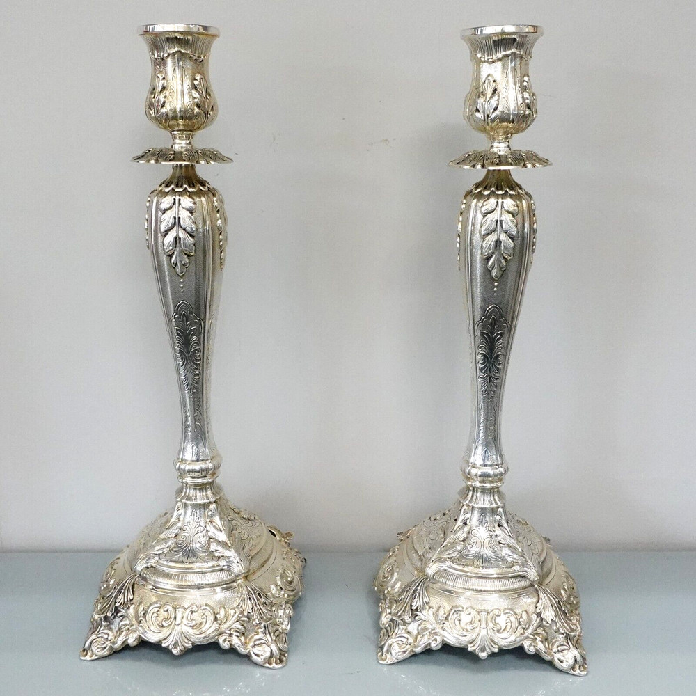 Martella Sterling Silver Venice Pattern Cast Candlestick Holder Set 16" Tall