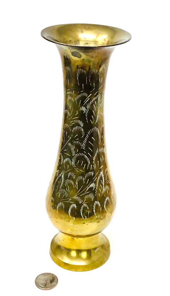 Vintage Etched Solid Brass Vase 9.5'' Tall Made In India
