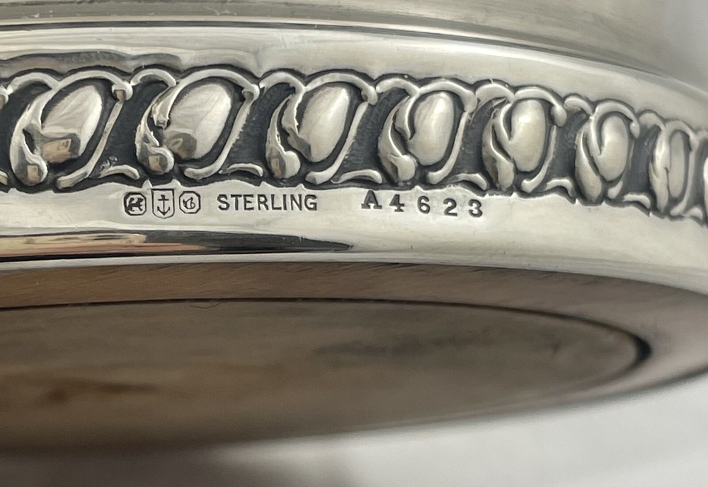 Decorated Gorham Sterling w/Wood Bottom Wine Coaster 4 1/2" inside diameter