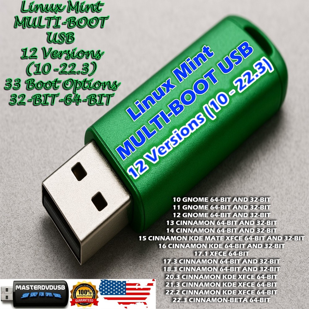 Linux Mint MULTI‑BOOT USB – 12 Versions (10 -22.3)33 Boot Options 32‑BIT-64-BIT