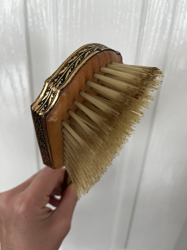 Vintage Embroidered Scroll Work Hand Held Vanity Mirror & Brush Set Gold Tone
