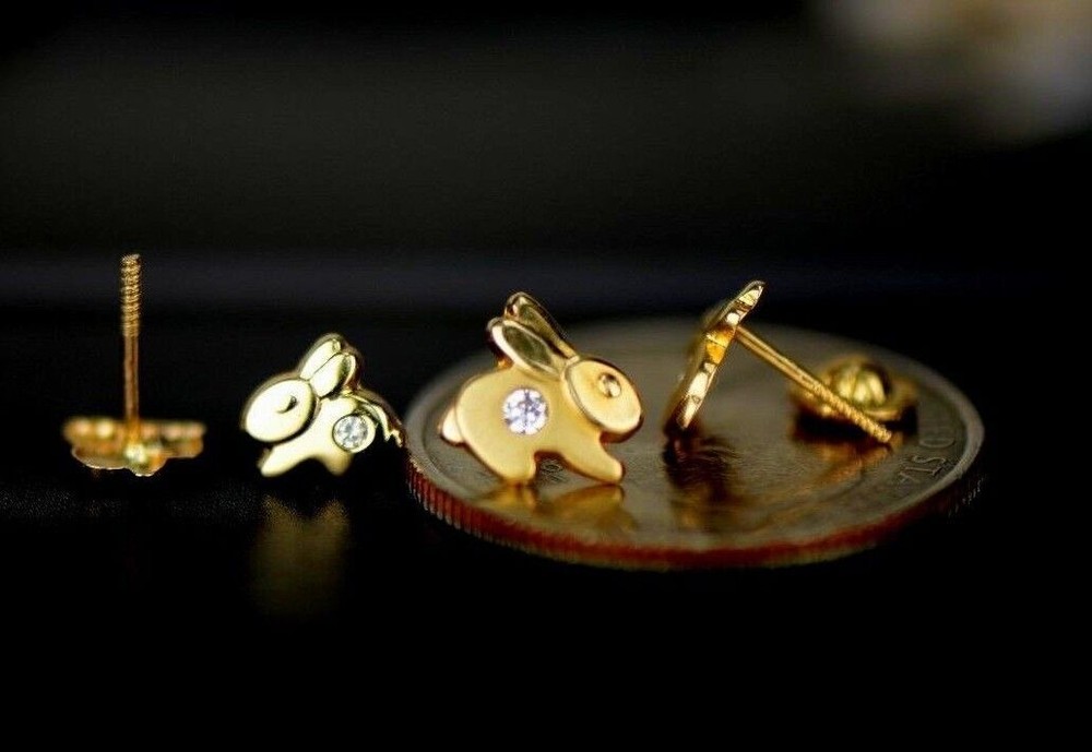 14k Yellow Gold CZ Rabbit Stud Earring