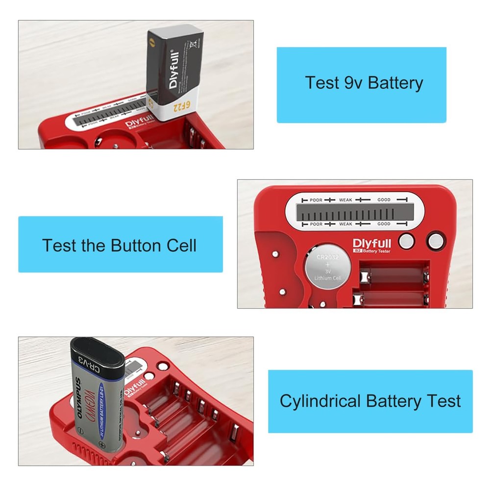 Dlyfull Battery Tester, LCD Display Universal Checker Compact, Red