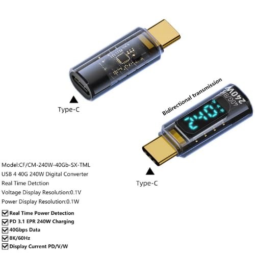 USB C 8K 40Gbps Mini Digital Meter USB 4.0 Type-C Extension Adapter Display