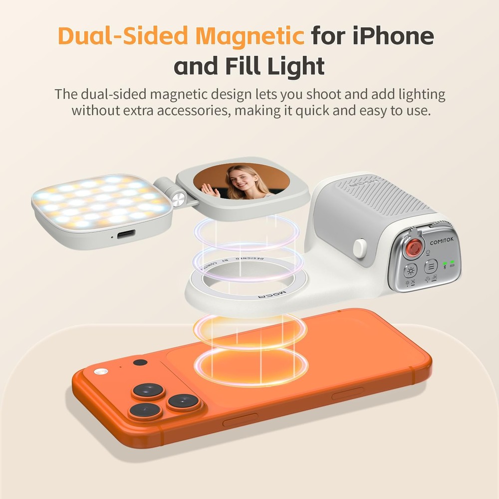 COMITOK iPhone Camera Grip MOCA with Magnet Fill & Light, White