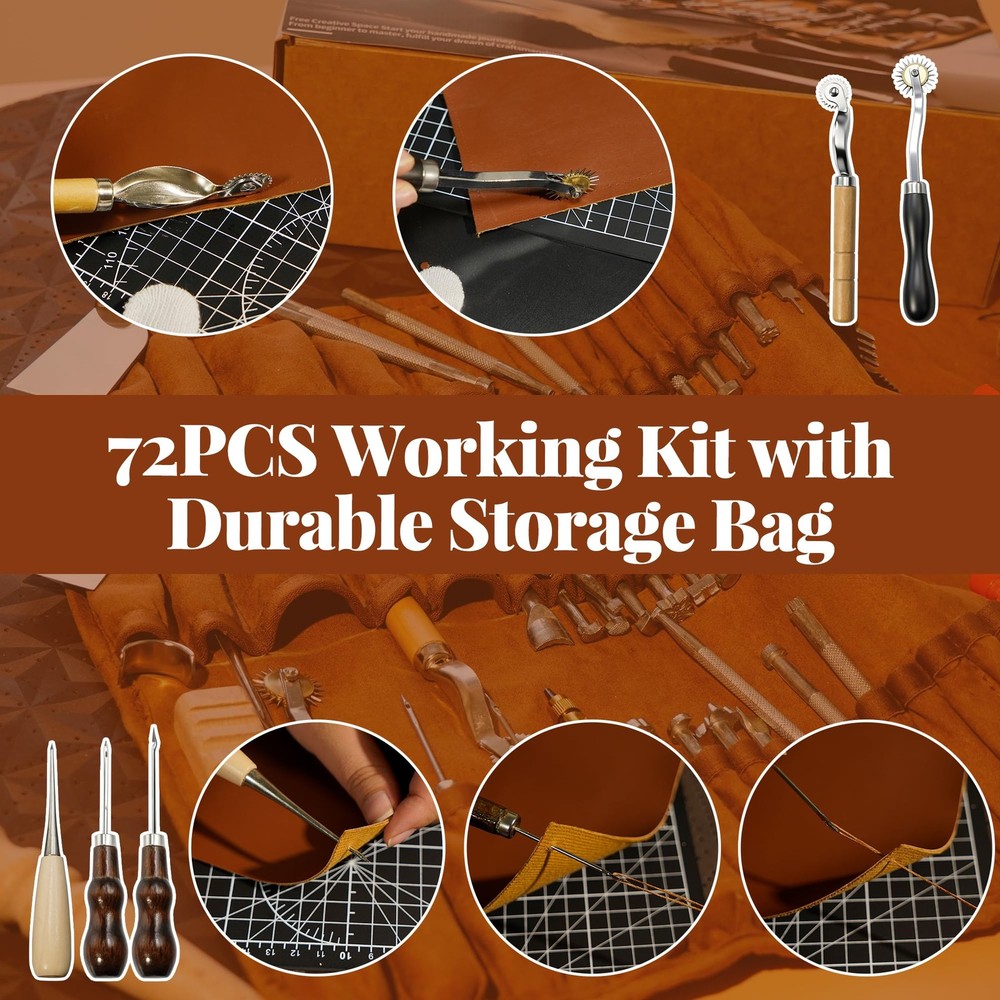 Leather Tooling & Crafting Kit for Beginners - 72Pcs Leatherworking Tools wit...