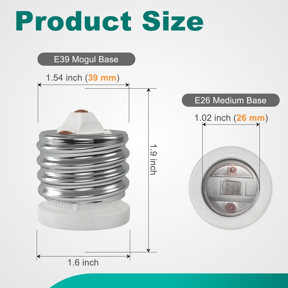 DiCUNO E39 to E26 Socket Converter, Ceramic Mogul 1-Pack, Silver