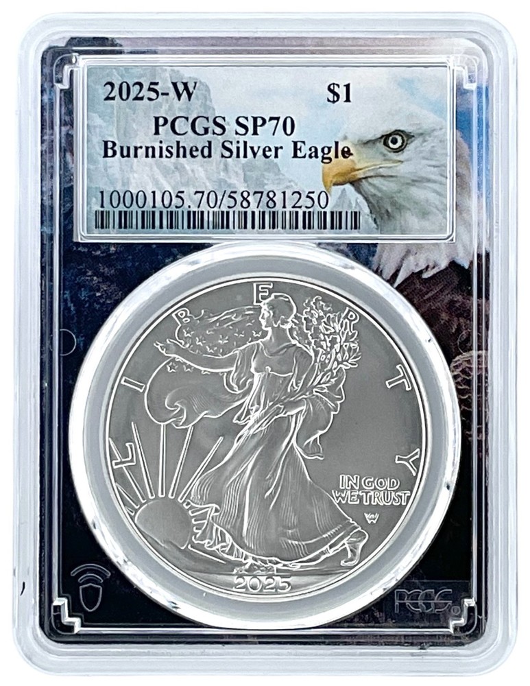 2025 W 1oz Burnished Silver Eagle PCGS SP70 - Eagle Picture Frame