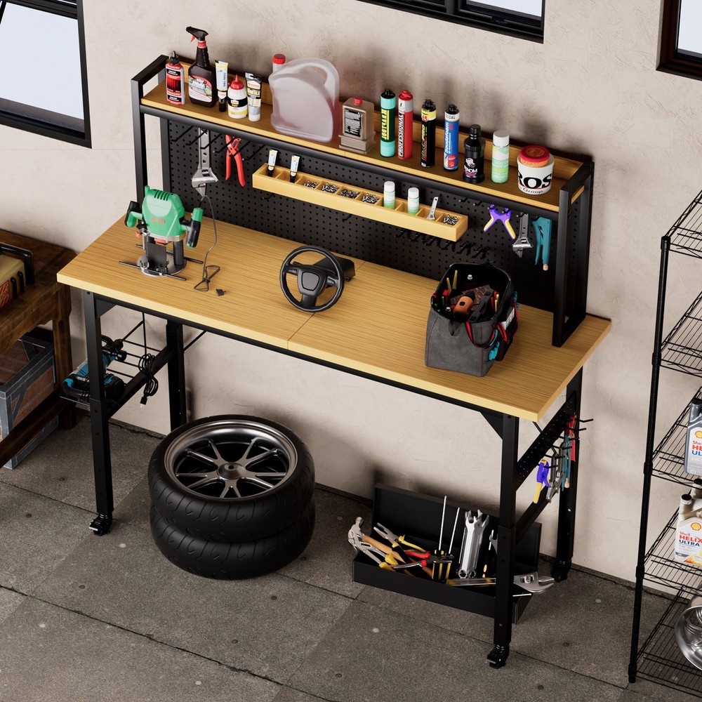2000LB 71" Adjustable Work Bench Table w Pegboard Rolling Wheels AC/USB Outlets