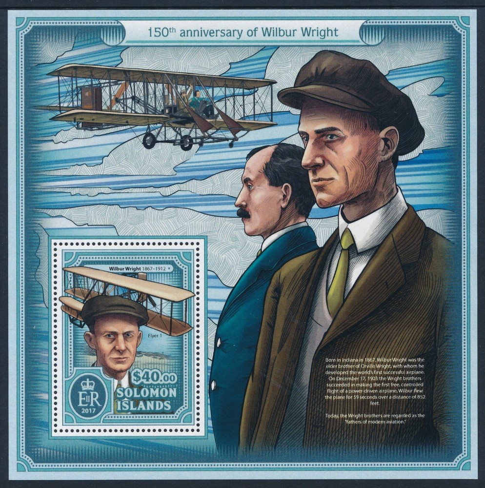 2017 SOLOMON ISLANDS AVIATOR WILBUR WRIGHT MINI SHEET ($40) FINE MINT MNH