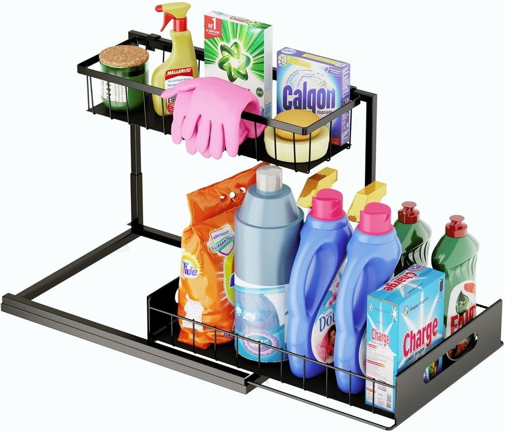 Sliding Under Sink Organizers and Storage for Kitchen Bathroom L-Shaped 2-Tier