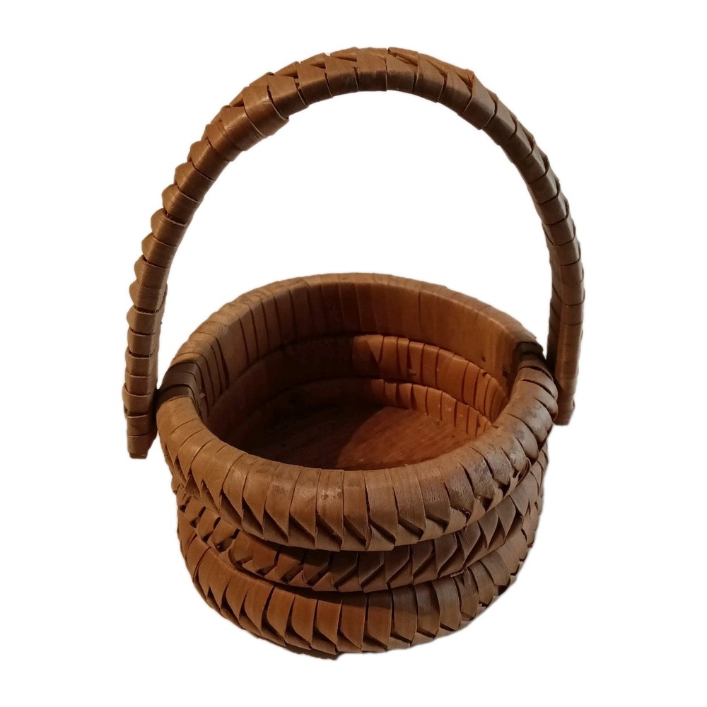 Small Vintage Bamboo Basket Triple Coils w/Handle Easter Round Boho
