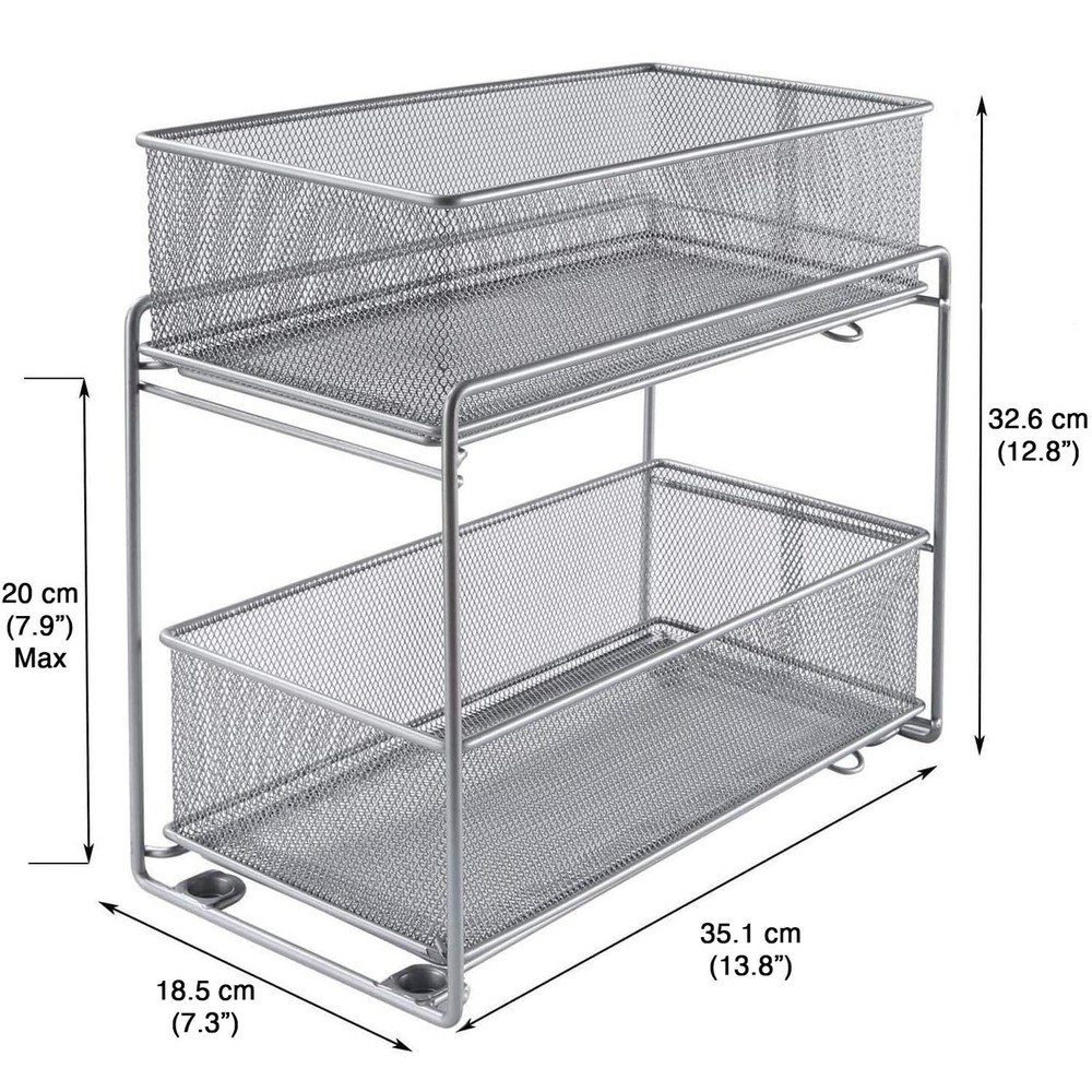 2 Tier Sliding Basket Stackable Cabinet Pull-Out Drawer Mesh Organizer for Ki...