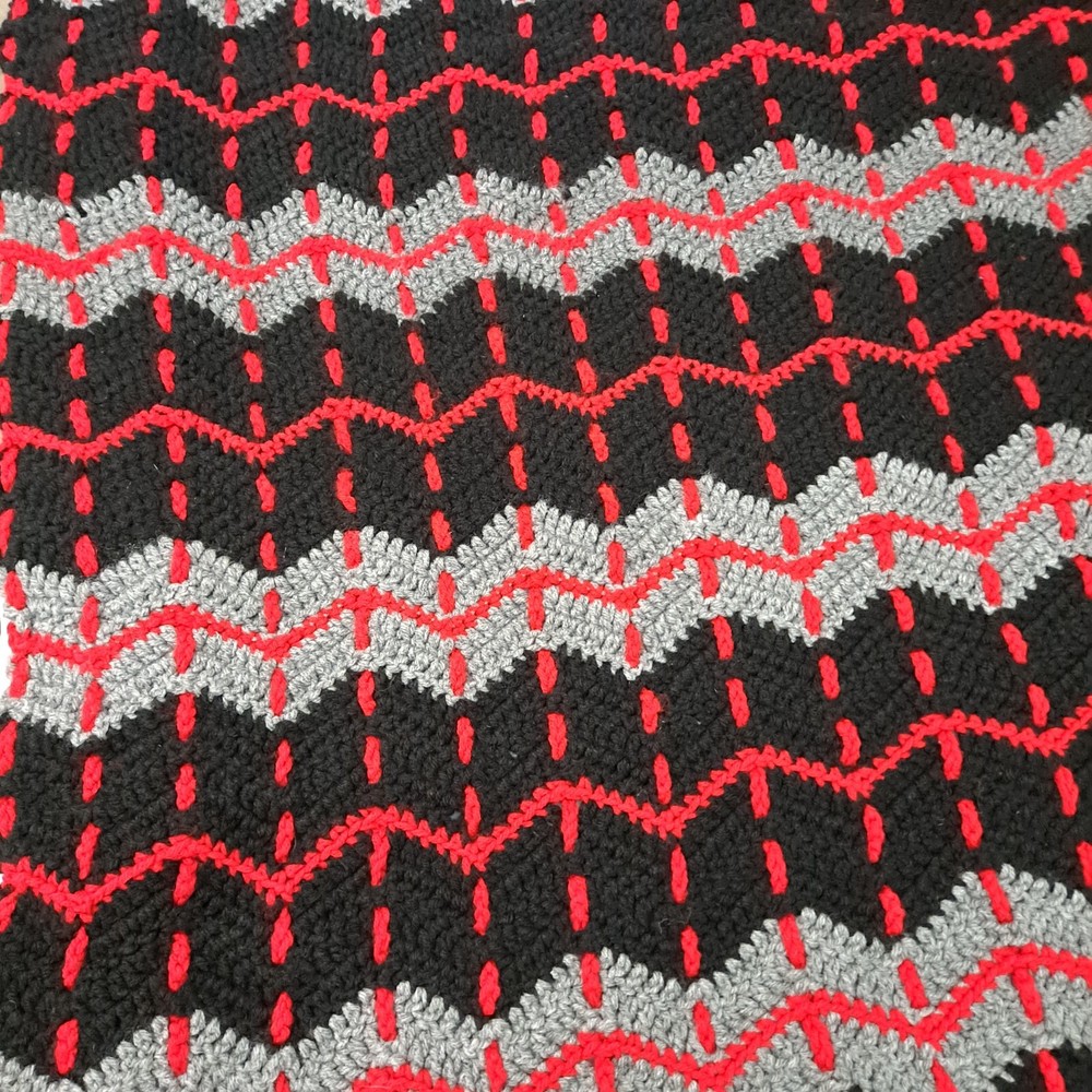 Afghan Blanket Red Black Grey Crocheted Bed Throw 48" x 67"