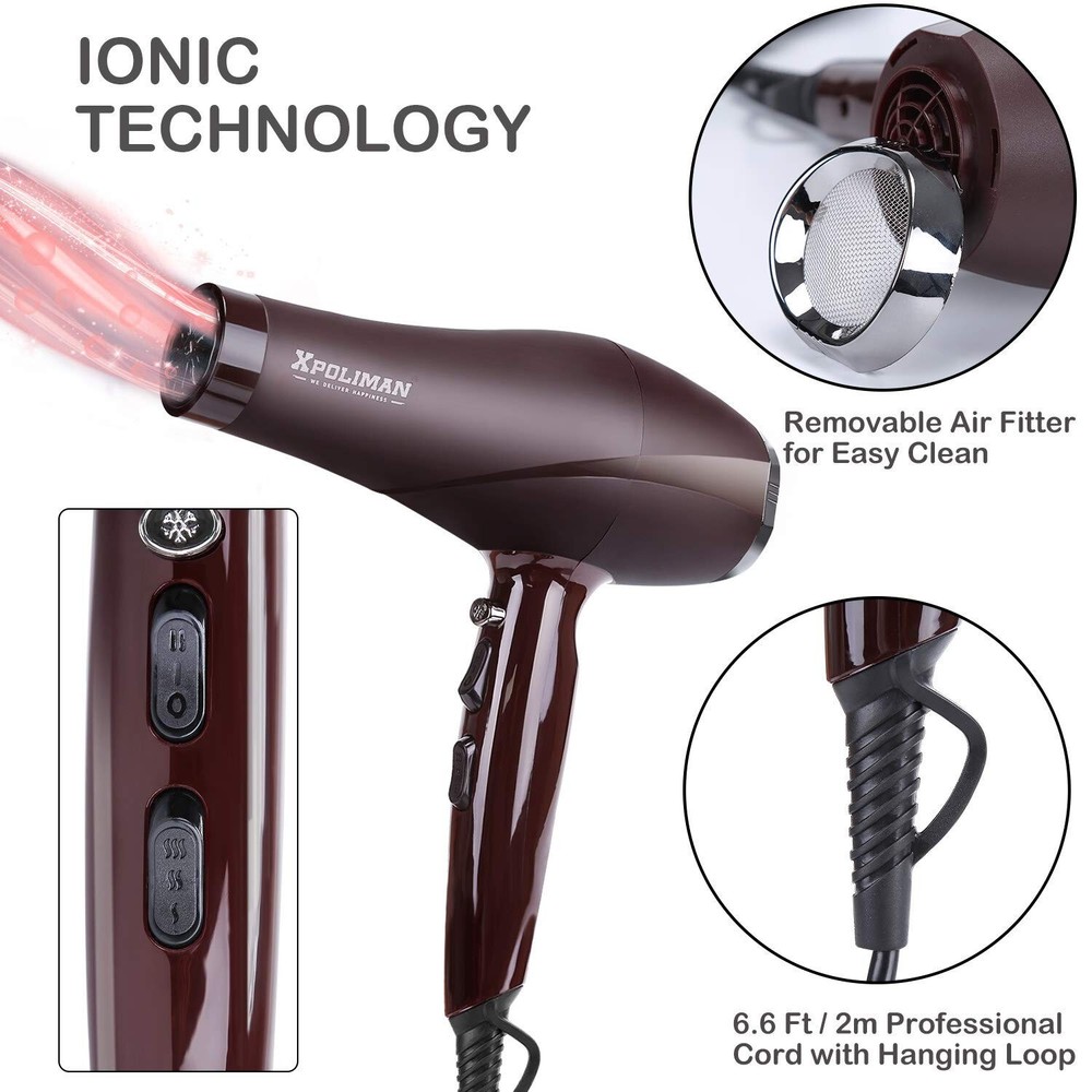 Xpoliman 2000 Watt Hair Dryer, Negative Ionic Blow Dryer with Diffuser Concen...
