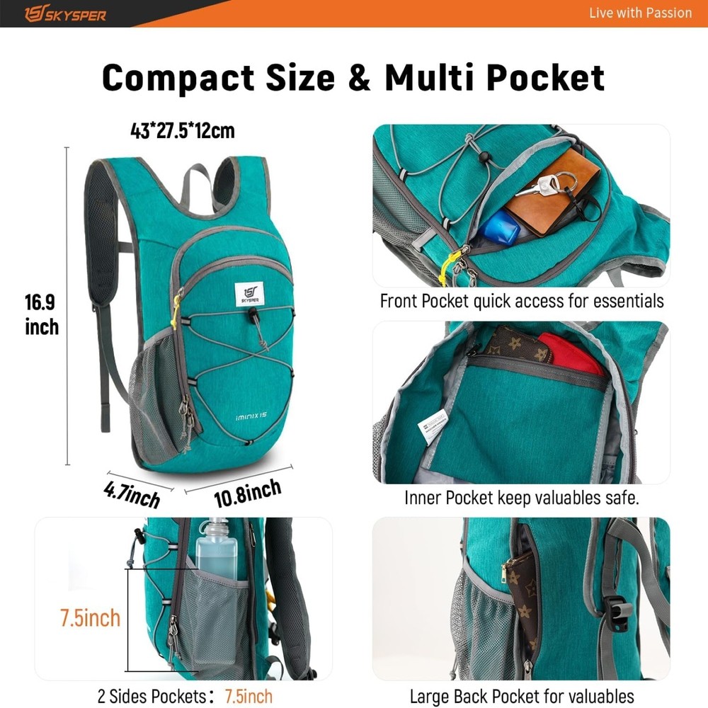 SKYSPER 15L Foldable Hiking Backpack Lightweight Packable Daypack w/ Strap, Cyan