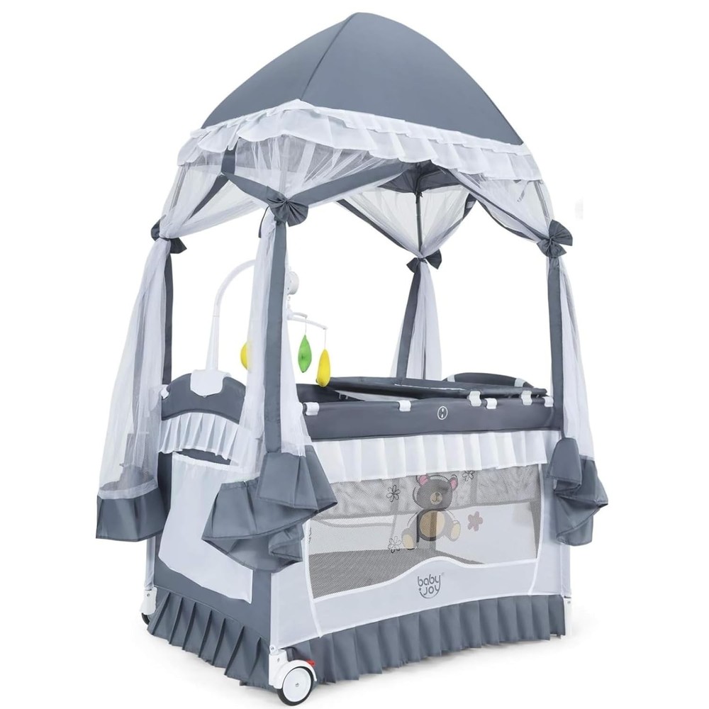 Foldable Pack and Play with Wheels, Pink Bassinet