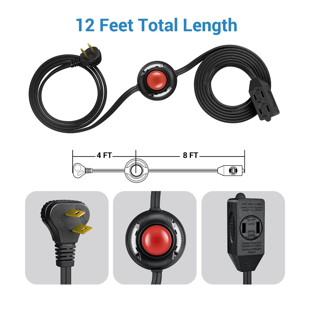 DEWENWILS 12 FT Extension Cord with Multiple Outlets ON/Off Switch Flat Plug