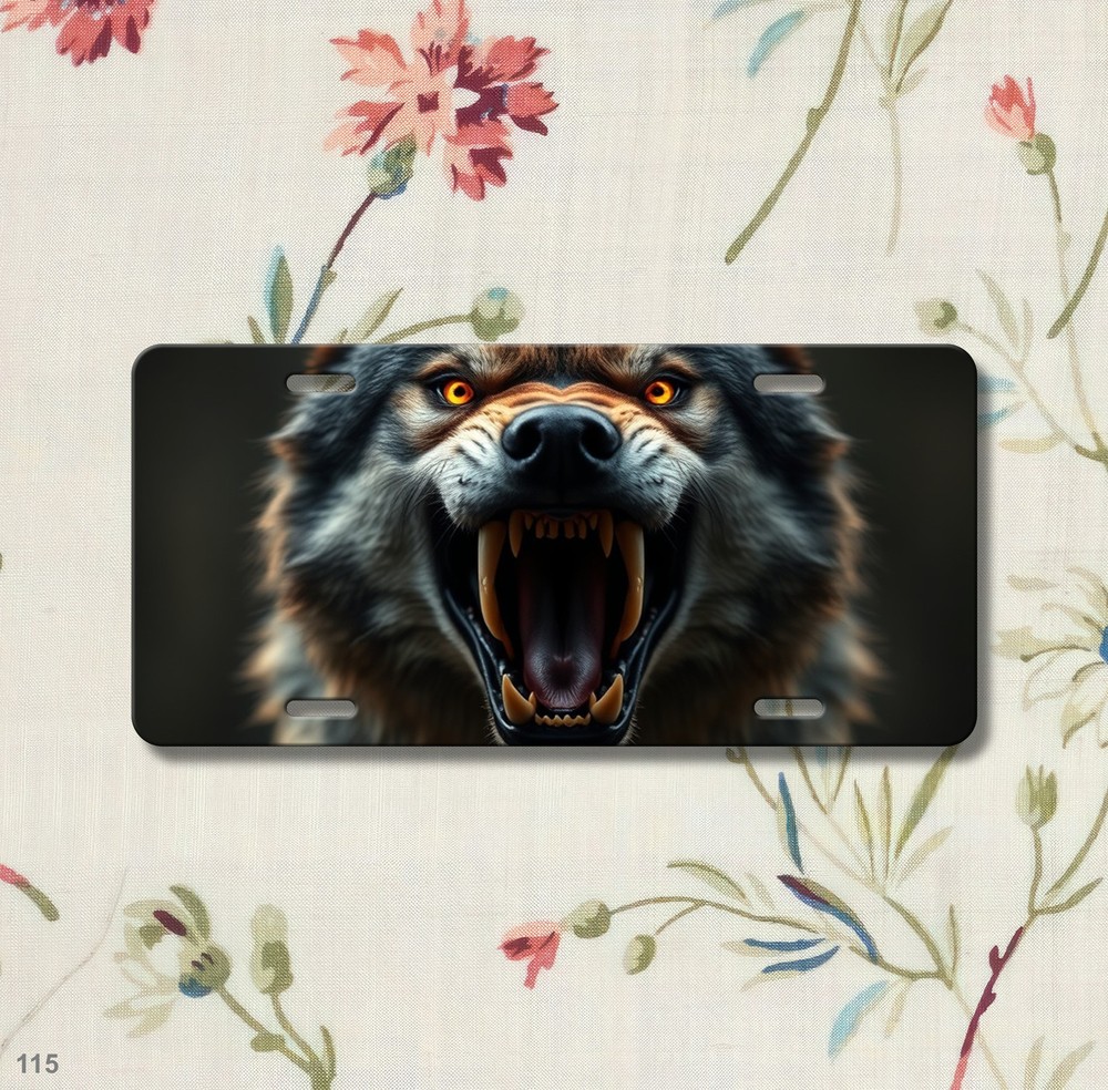 Aggressive Wolf License Plate Snarling Design Customizable Front Plate Anniversa